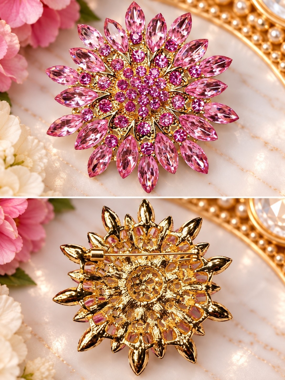 Pink Rhinestone Crystal Flower Statement Brooch Gold Tone